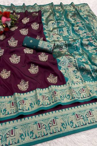 Wine zari woven banarasi silk blend saree with blouse piece