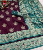 Wine zari woven banarasi silk blend saree with blouse piece