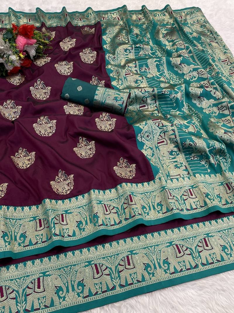 Wine zari woven banarasi silk blend saree with blouse piece