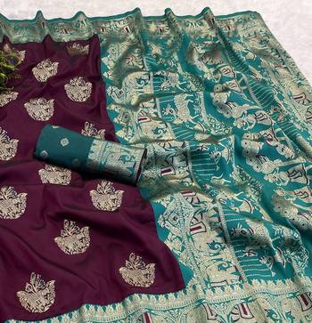 Wine zari woven silk blend saree with blouse piece 2