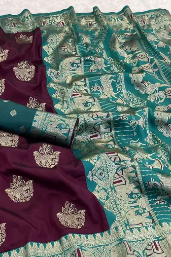 Wine zari woven silk blend saree with blouse piece