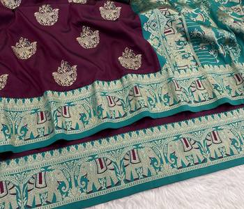 Wine zari woven silk blend saree with blouse piece 3