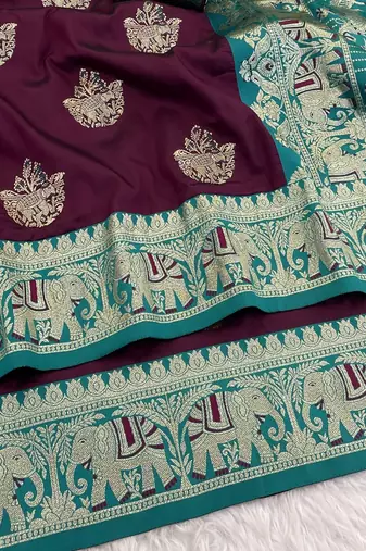 Wine zari woven silk blend saree with blouse piece