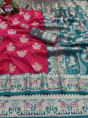 Pink zari woven silk blend saree with blouse piece 1