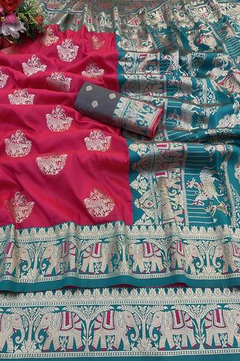 Pink zari woven banarasi silk blend saree with blouse piece