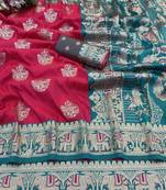 Pink zari woven banarasi silk blend saree with blouse piece