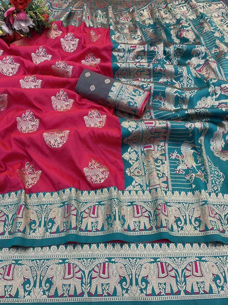 Pink zari woven banarasi silk blend saree with blouse piece