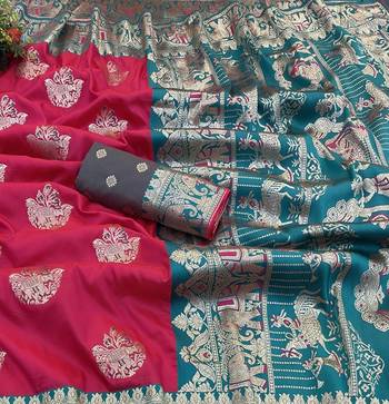 Pink zari woven silk blend saree with blouse piece 2