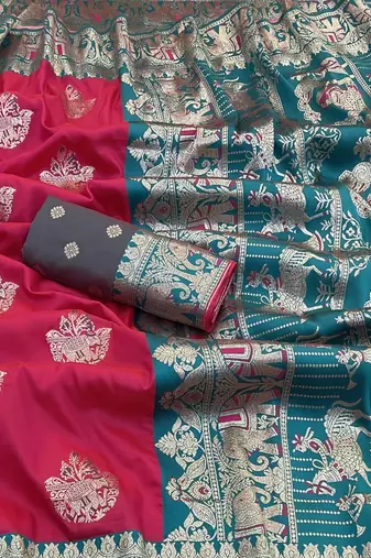 Pink zari woven silk blend saree with blouse piece