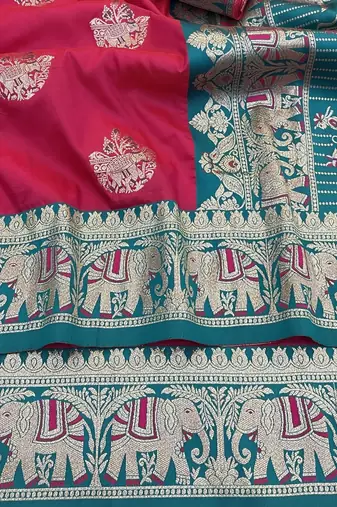 Pink zari woven silk blend saree with blouse piece