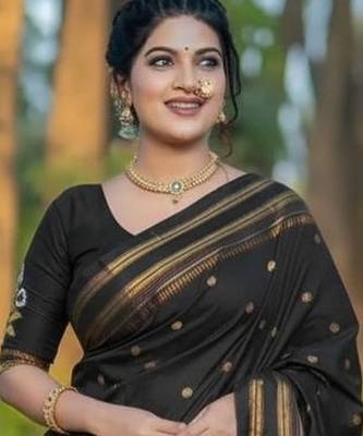 Black zari woven silk blend saree with blouse piece 2