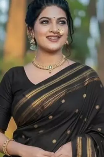 Black zari woven silk blend saree with blouse piece