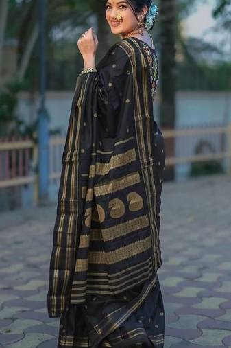 Black zari woven banarasi silk blend saree with blouse piece
