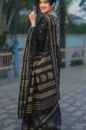 Black zari woven silk blend saree with blouse piece
