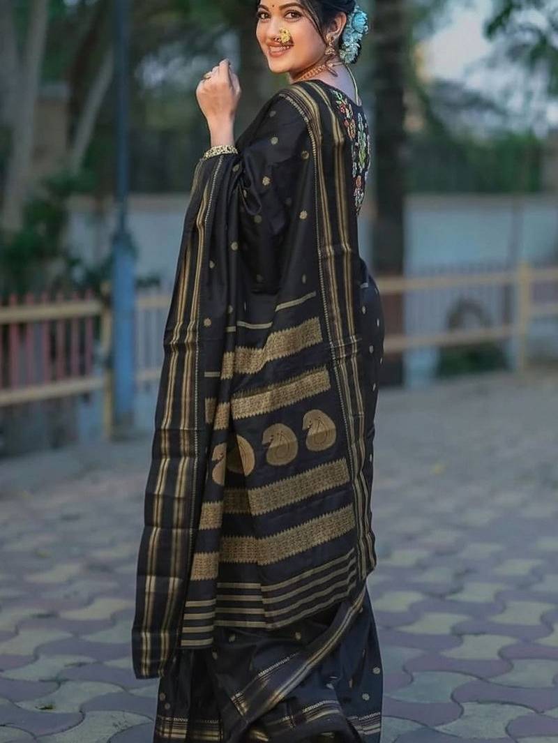 Black zari woven banarasi silk blend saree with blouse piece