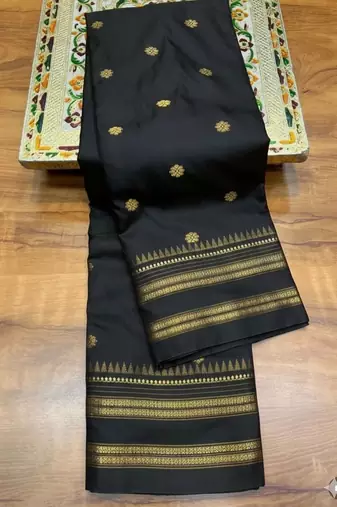 Black zari woven silk blend saree with blouse piece