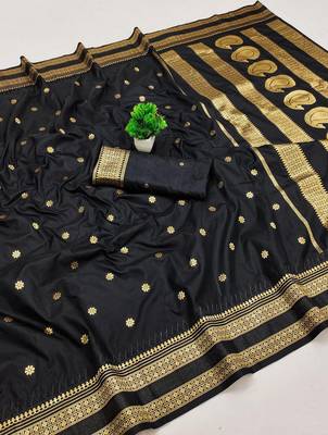 Black zari woven silk blend saree with blouse piece 4