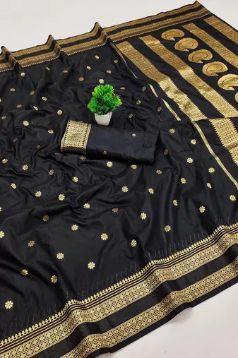 Black zari woven silk blend saree with blouse piece
