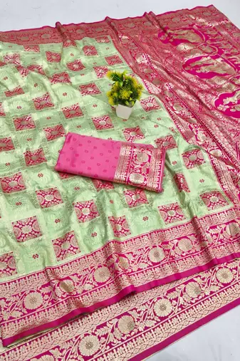 Pista zari woven patola banarasi silk blend festive saree with blouse piece