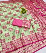 Pista zari woven patola banarasi silk blend festive saree with blouse piece