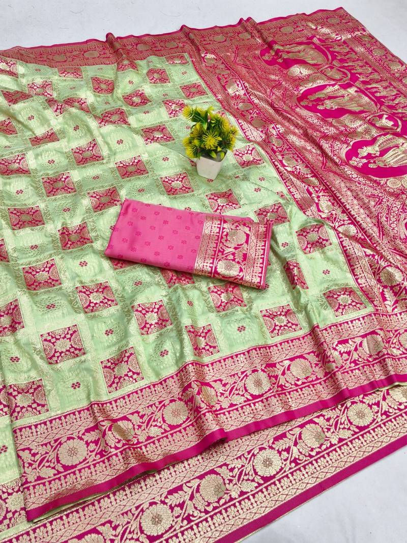 Pista zari woven patola banarasi silk blend festive saree with blouse piece
