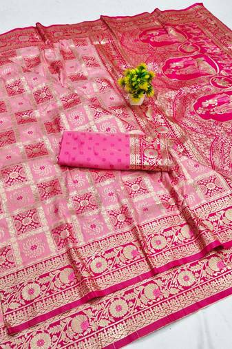 Pink zari woven patola banarasi silk blend festive saree with blouse piece