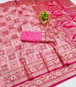 Pink zari woven patola banarasi silk blend festive saree with blouse piece