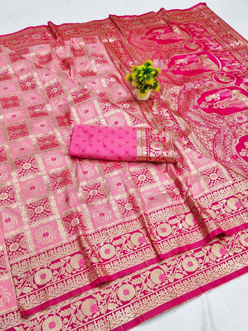 Pink zari woven patola banarasi silk blend festive saree with blouse piece