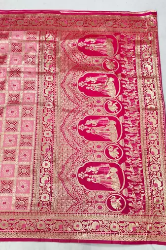 Pink zari woven patola silk blend festive saree with blouse piece