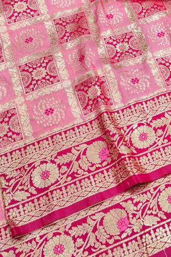 Pink zari woven patola silk blend festive saree with blouse piece