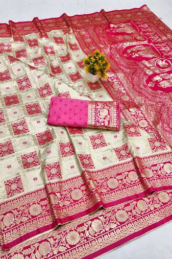 Cream zari woven patola banarasi silk blend festive saree with blouse piece