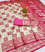 Cream zari woven patola banarasi silk blend festive saree with blouse piece