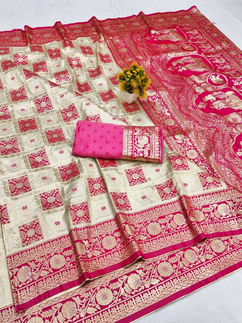 Cream zari woven patola banarasi silk blend festive saree with blouse piece