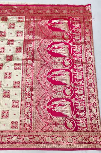 Cream zari woven patola silk blend festive saree with blouse piece