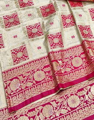 Cream zari woven patola silk blend festive saree with blouse piece 3