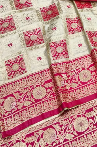 Cream zari woven patola silk blend festive saree with blouse piece