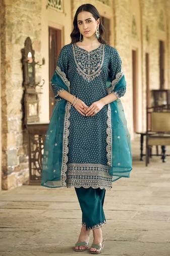 Floral embroidered muslin round neck kurta trouser & dupatta