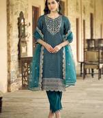 Floral embroidered muslin round neck kurta trouser & dupatta