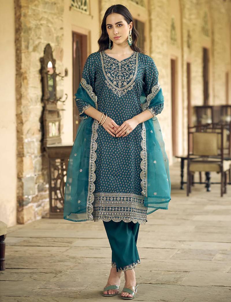 Floral embroidered muslin round neck kurta trouser & dupatta