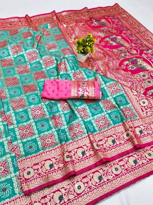Blue zari woven patola silk blend festive saree with blouse piece 1