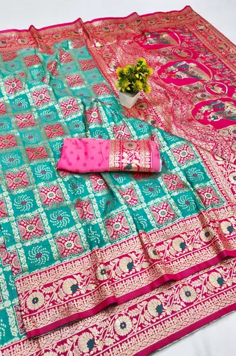 Blue zari woven patola banarasi silk blend festive saree with blouse piece