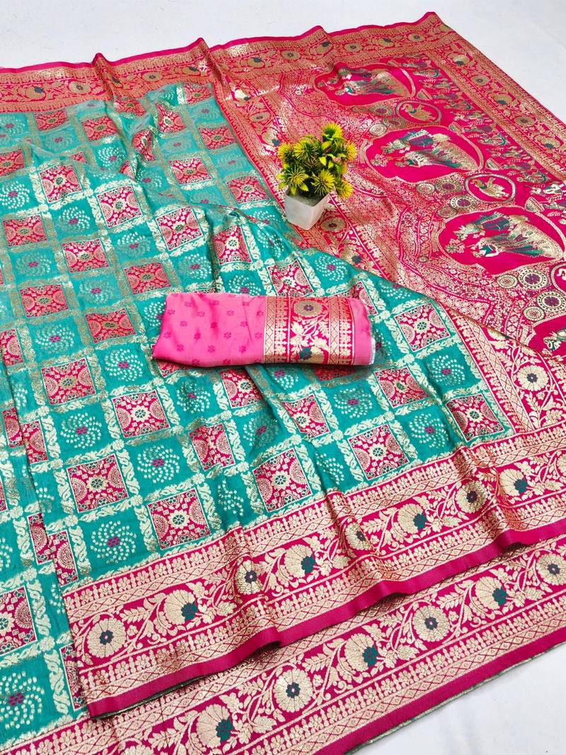 Blue zari woven patola banarasi silk blend festive saree with blouse piece