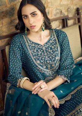 Floral embroidered muslin round neck kurta trouser & dupatta 3