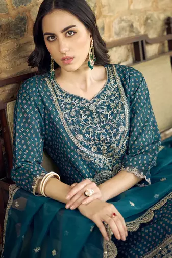Floral embroidered muslin round neck kurta trouser & dupatta