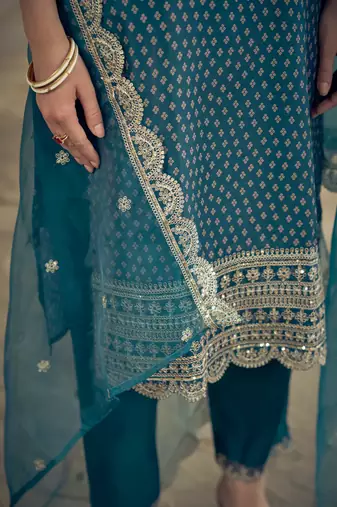 Floral embroidered muslin round neck kurta trouser & dupatta
