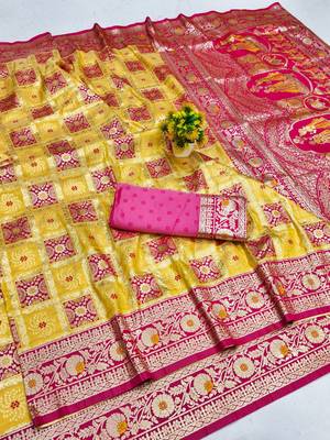 Gold zari woven patola silk blend festive saree with blouse piece 1
