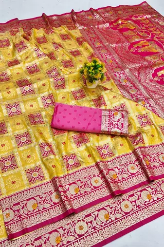 Gold zari woven patola banarasi silk blend festive saree with blouse piece