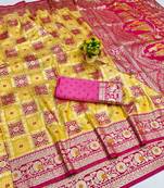 Gold zari woven patola banarasi silk blend festive saree with blouse piece