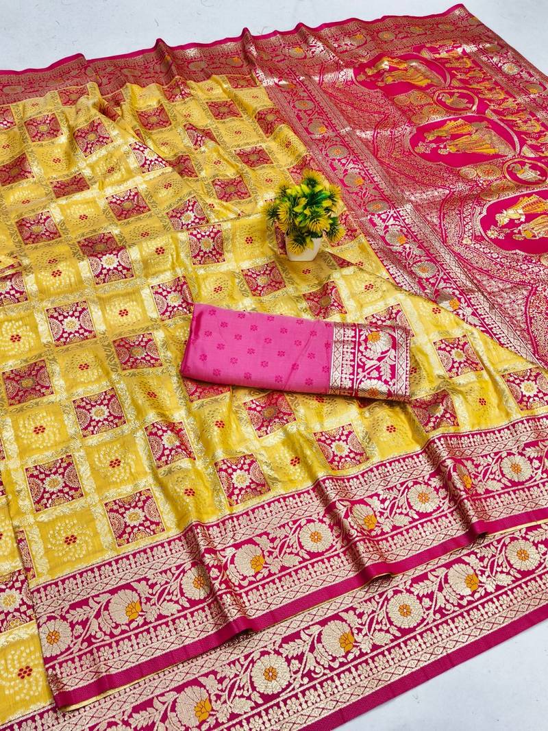 Gold zari woven patola banarasi silk blend festive saree with blouse piece