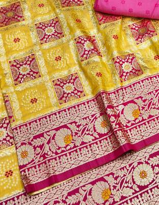 Gold zari woven patola silk blend festive saree with blouse piece 3